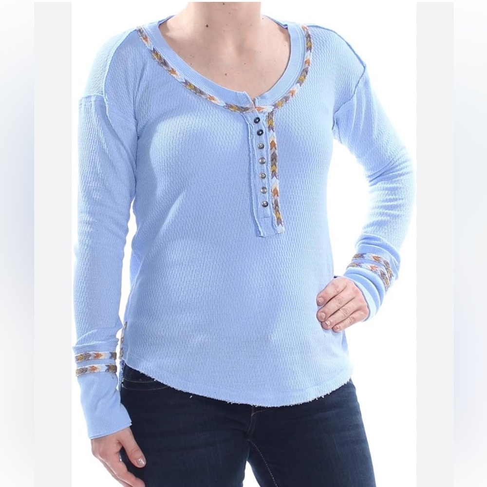 We The Free Free People Blue Waffle Knit Thermal Henley Embroidered Trim Top L